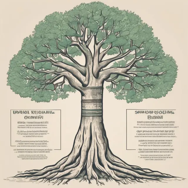 Tree symbolizing brand equity, featuring interconnected roots for consumer perception, positive/negative effects, and tangible/intangible value.