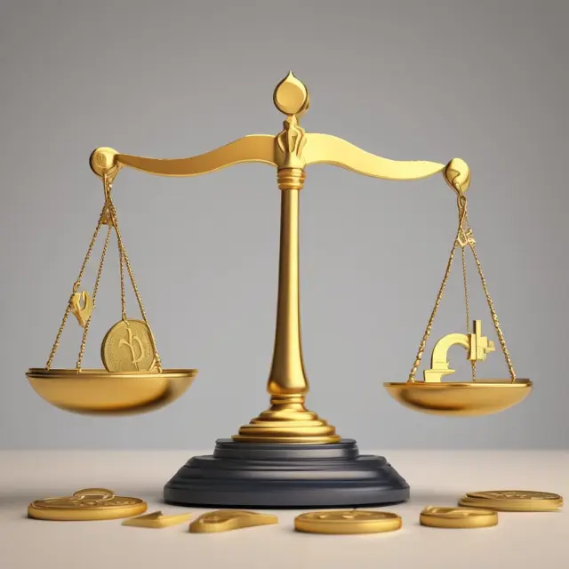 Golden scales balanced with dollars and widgets represent the break-even price in business and options trading