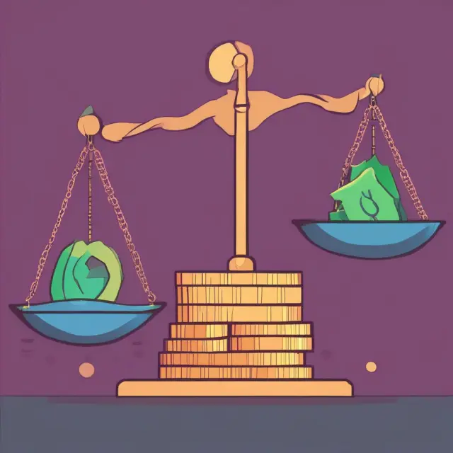 A set of scales with one pan filled with coins representing revenue and the other with weights for costs; the balance illustrates finding the break-even point.