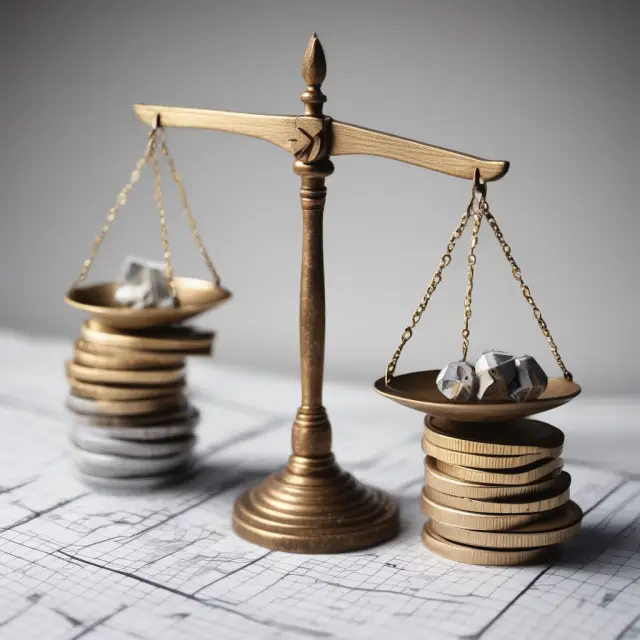Scale balanced on financial graphs, representing the break-even strategy. Weights are the break-even points.