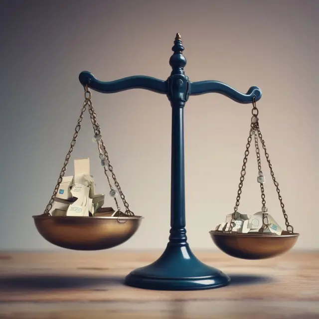 Two scales representing costs (left) and sales (right), with a fine balance symbolizing the breakeven point