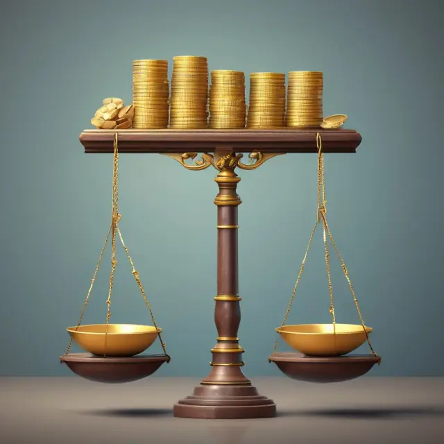A balanced scale tipped with gold coins represents the investor