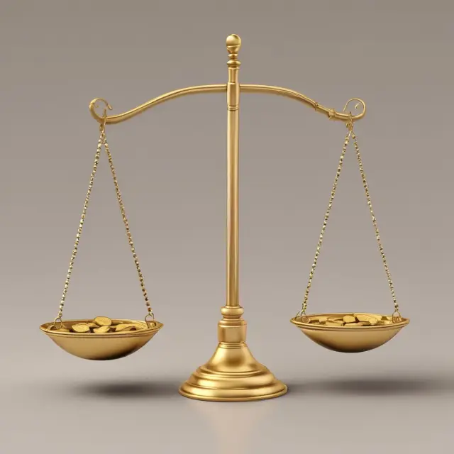 A pair of scales balanced precariously with golden coins, representing the breakeven point in business and investments.