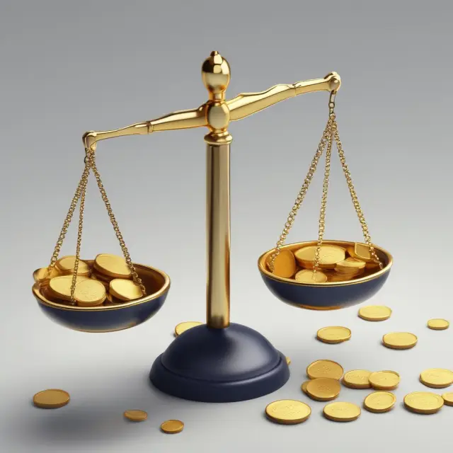 Gold scales tipping as gold coins represent sales revenue, with fixed costs counterbalanced by contribution margin ratio.