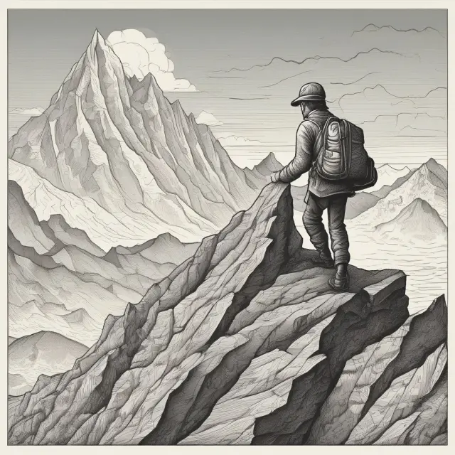 Investor climbing stock market mountain, reaching breakeven point on a chart