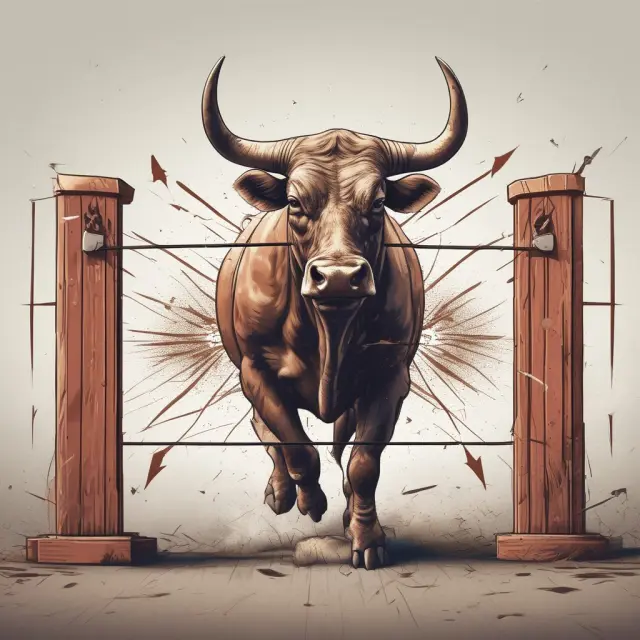 Bull breaks resistance with a wave of trading volumes, illustrating a successful stock breakout