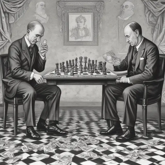 Keynes and White shaping the Bretton Woods System, symbolized by their unique proposals: Keynes