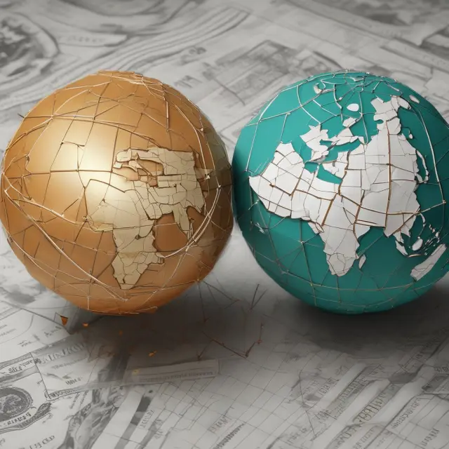Two interconnected globes representing the Bretton Woods Agreement and currency pegging, symbolizing international trade cooperation and stability