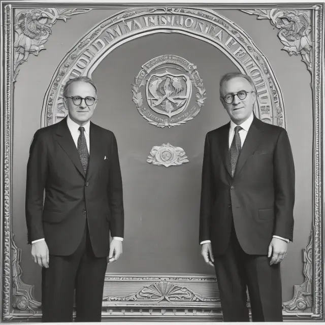 Two intertwined trees symbolizing the International Monetary Fund and the World Bank, representing stability and development after the Bretton Woods Conference.