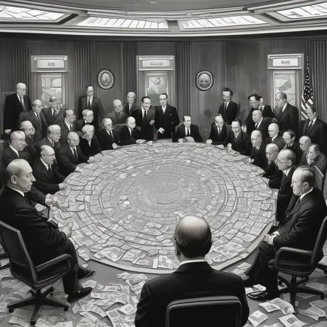 John Maynard Keynes and Harry Dexter White constructing the Bretton Woods Agreement with currency pieces on a conference table.