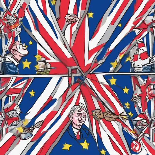 Prime Ministers Theresa May, David Davis, Michel Barnier, and Boris Johnson symbolizing the UK at a crossroads during Brexit negotiations