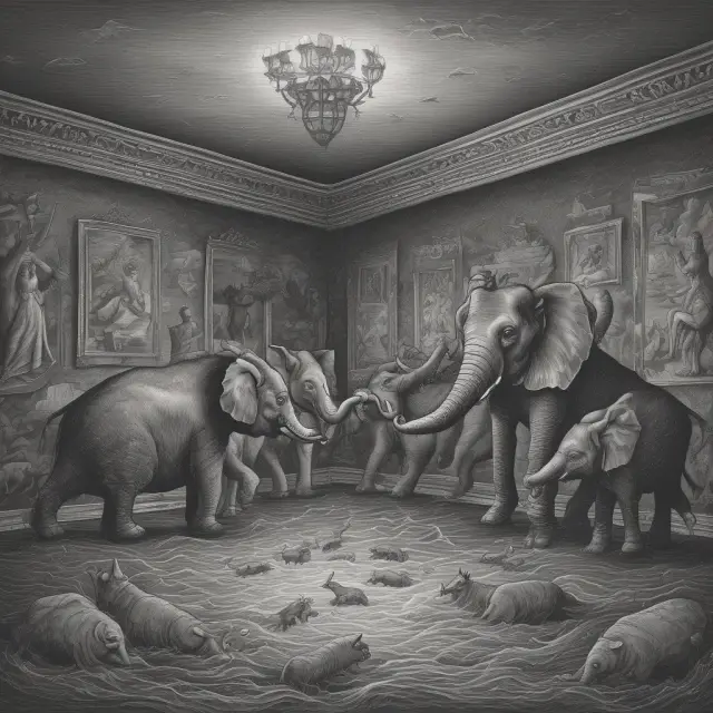 Elephants (Conservatives) and donkeys (Labour) in a turbulent room, representing the internal struggles during Brexit negotiations.
