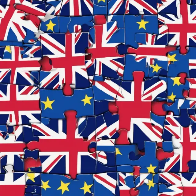 A jigsaw puzzle depicting the United Kingdom and European Union as separate pieces, symbolizing Brexit