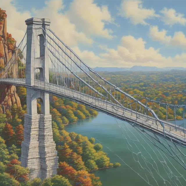 A delicate glass bridge over turbulent waters symbolizes a bridge loan with its shaky foundations representing high interest rates and precarious collateral requirements.