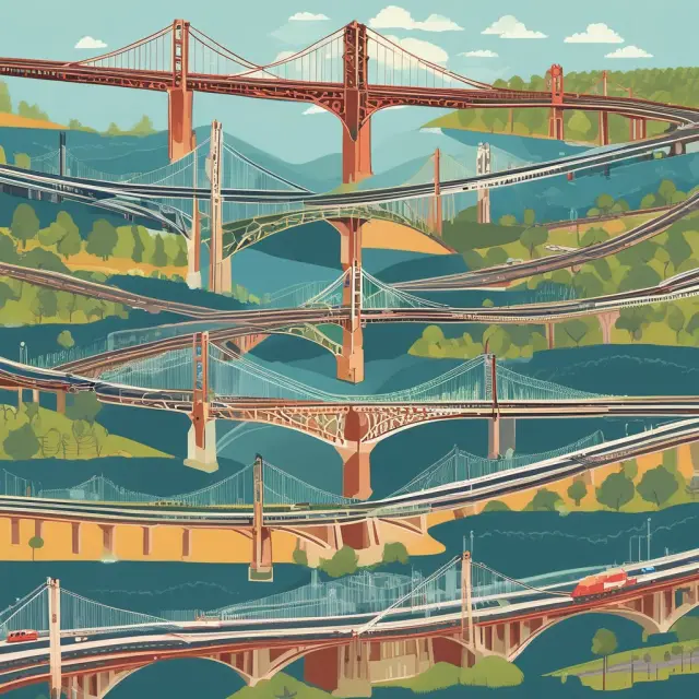 A scene with five bridges symbolizing various bridge loans (real estate, asset-based, invoice financing, mezzanine financing, and equipment bridge loans) connecting industries to capital.