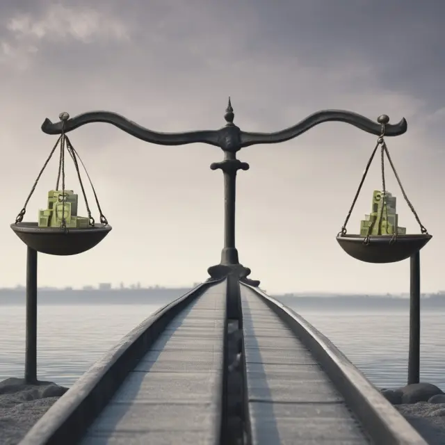 A balance scale with Bridge Loans on one side and Traditional Loans on the other, representing the choice between flexibility and long-term financing.