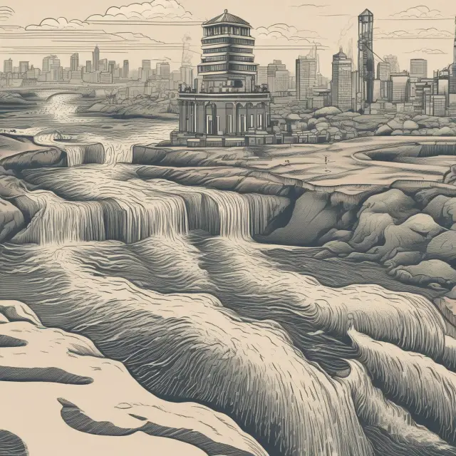 An image of a flowing river representing broad money, with a central bank tower regulating the flow to maintain monetary stability.