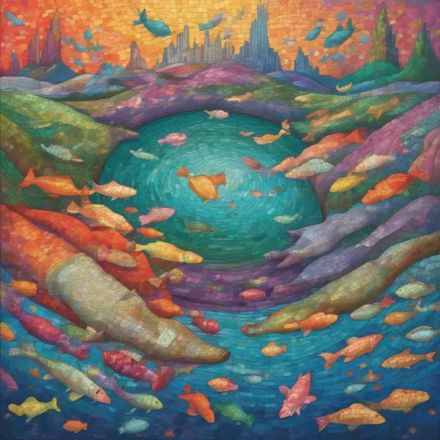 Vibrant mosaic of savings accounts, MMMFs, CDs, foreign currencies, T-bills, and marketable securities merging to form a larger pond illustrating broad money