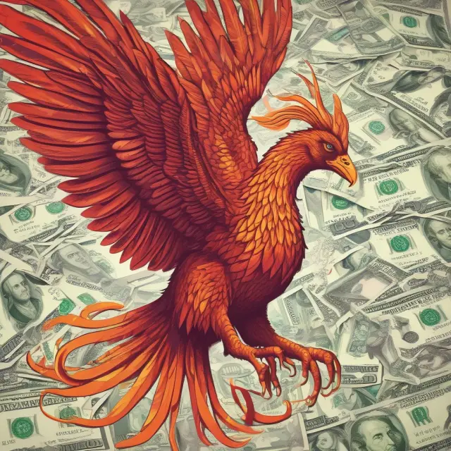 A mythical phoenix ascending from a vast ocean of currency bills, representing the extensive reach and impact of broad money in economics