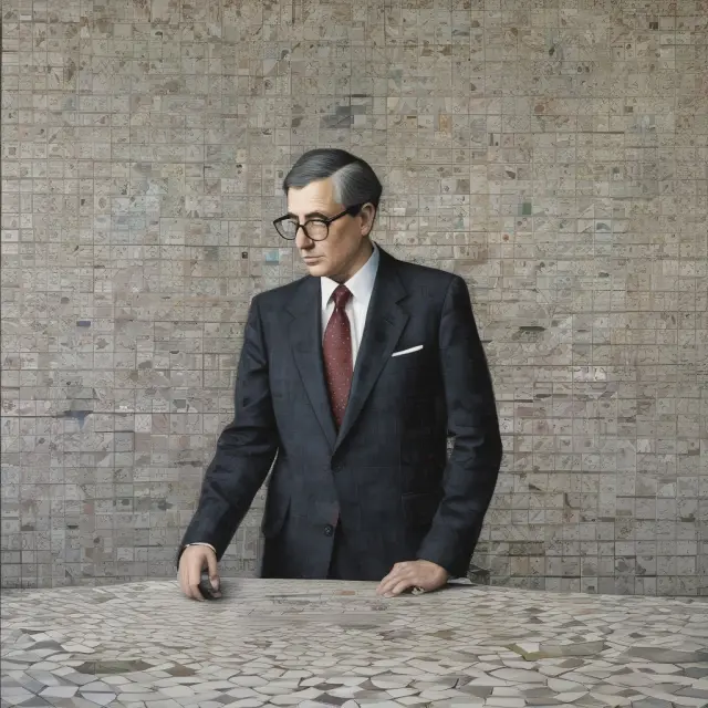 Central banker examining intricate mosaic of economic indicators, with focus on broad money