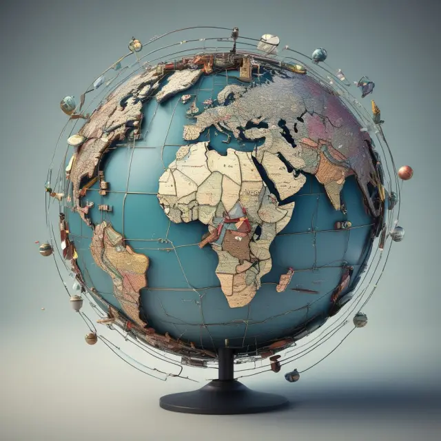 A globe surrounded by interconnected rivers representing different monetary aggregates (M1, M3, etc.) flowing between countries