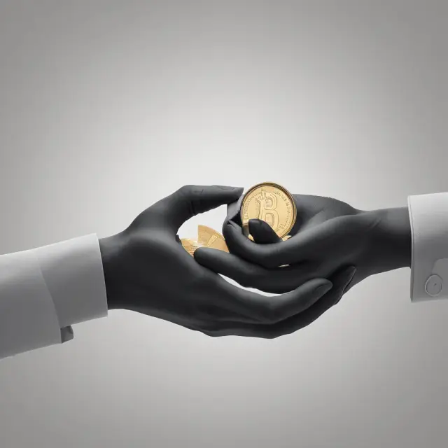 Two hands representing wirehouses and independent broker-dealers, each holding a coin. One hand is wearing a corporate glove (wirehouse) while the other has a personal touch (independent).