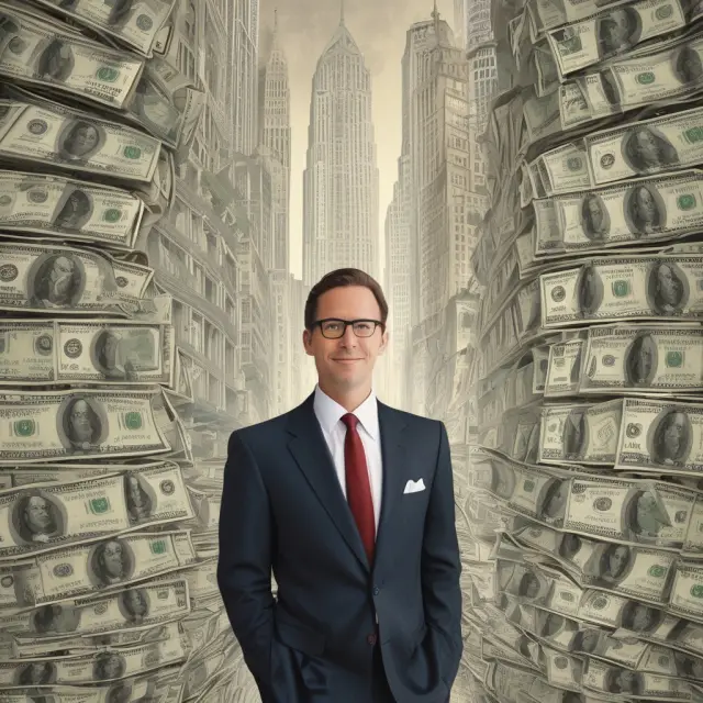 A broker-dealer as a market maker, underwriter, and advisor on Wall Street. A tableau of people in suits interacting with stock tickers, ledgers, and phones.