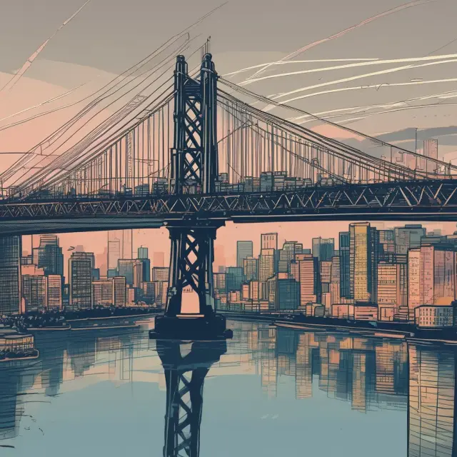 An elegant bridge symbolizing a broker, connecting clients to the vast sea of financial markets