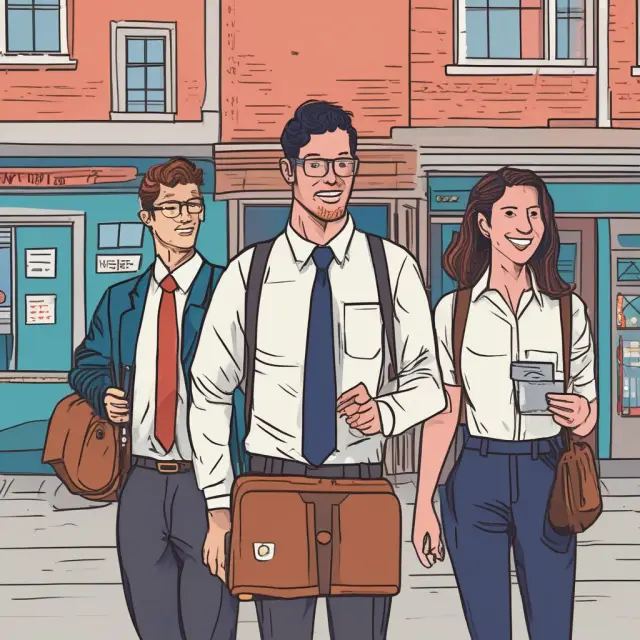 Three brokers representing full-service, discount, and online brokerages holding different fee structures: suitcase (full-service), backpack (discount), and calculator (online)