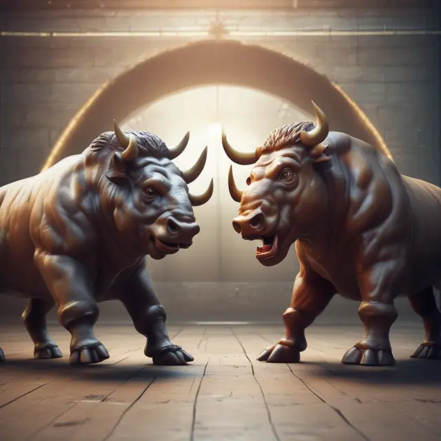 Bull and bear figures engaging in a contest on a digital battlefield, representing brokerage competition and zero commissions