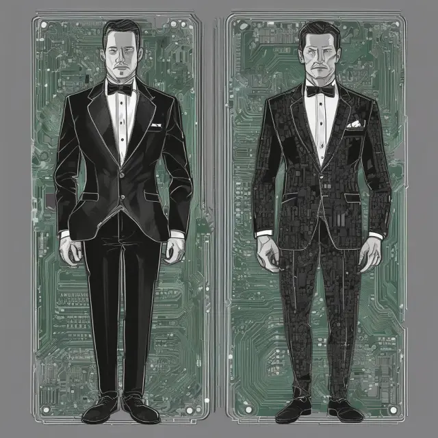 Comparison of traditional broker in a tuxedo vs. digital broker with a circuit board, showcasing the differences in fees, services, and advantages between the two types of brokers.