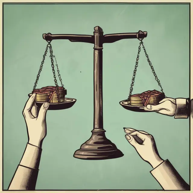 Two hands carefully balancing brokerage fees and savings on a scale, emphasizing the importance of informed decisions when dealing with fees in various industries