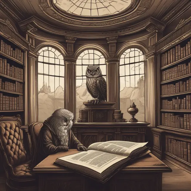Investor seeking advice from an owl within a vast library representing the knowledge and expertise of full-service brokerages