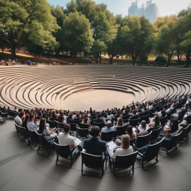 Image of an amphitheater filled with investment professionals engaging in various brown bag meeting types: seminar, workshop, hybrid, and social.