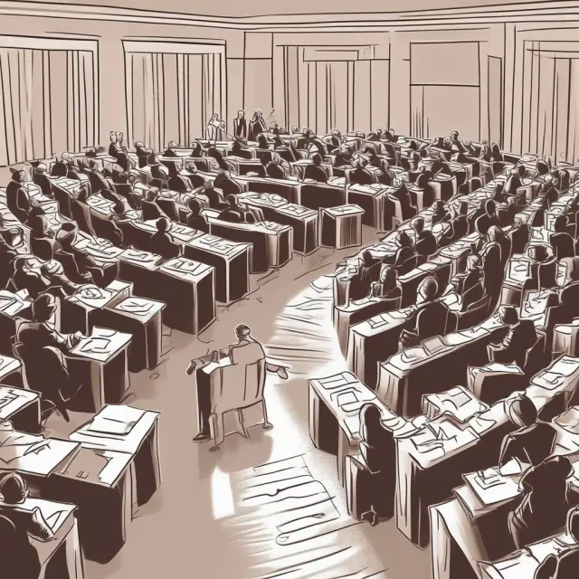 Moderator leading investors through a maze filled with financial symbols and charts, symbolizing well-planned brown bag sessions.
