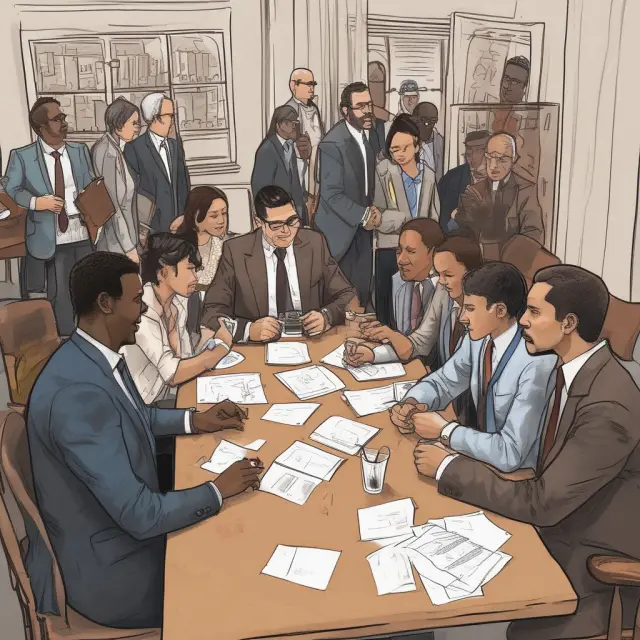 A brown bag meeting scene with diverse attendees engaging in productive discussions, seated around a table filled with food, while exchanging business cards and networking