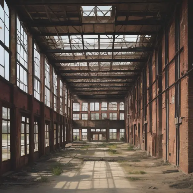 An abandoned, overgrown industrial site undergoes transformation with new growth and modern facilities.