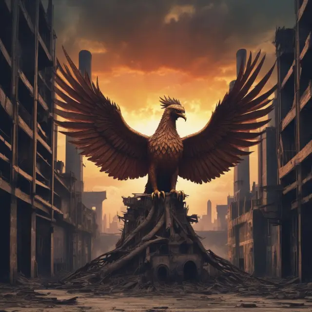 A phoenix rises from decayed factory ruins, representing the revitalization and efficiency of brownfield investments.