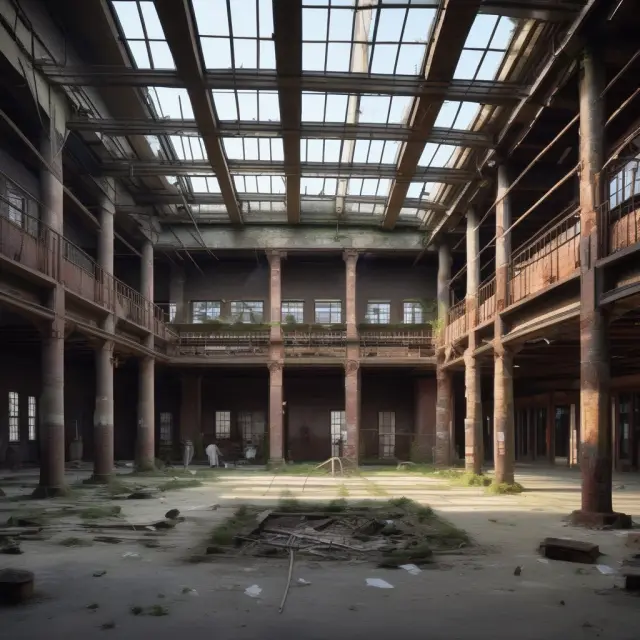 A dilapidated brownfield factory undergoing renovation with a vibrant green shoot representing the potential for new growth and modernization.