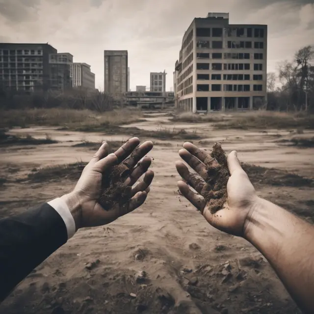 Image of two hands: one holding a polluted industrial site, the other constructing new facilities on untouched land - representing brownfield and greenfield investments