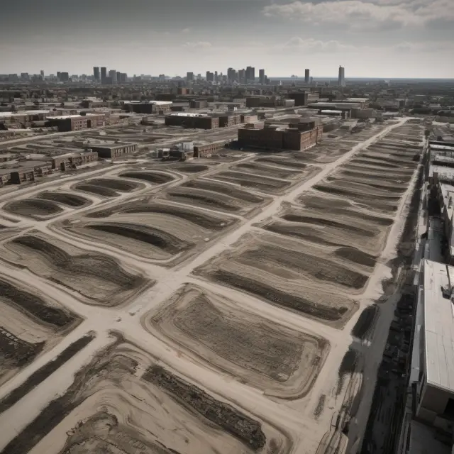 Image of a scale with brownfield site on one side and opportunities for growth on the other, with potential contamination represented by hazard symbols.