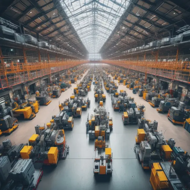Manufacturing floor showcasing different businesses engaging in B2B transactions, symbolizing collaboration and interconnectedness within industries.