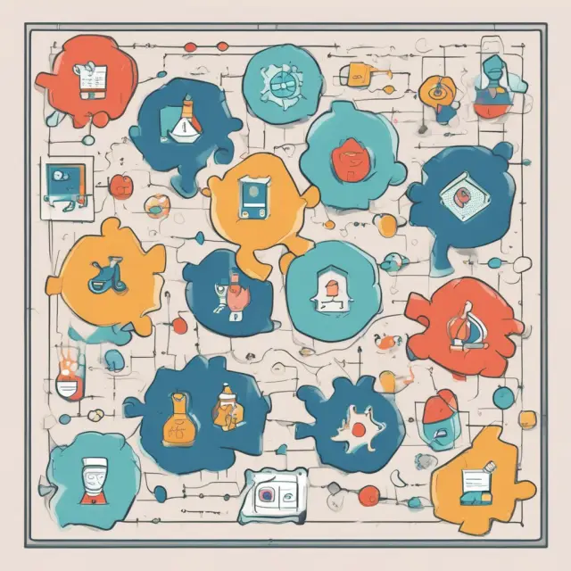 Vibrant puzzle depicting direct sellers, online intermediaries, advertising-based, community-based, and fee-based B2C companies interconnecting on a dynamic board