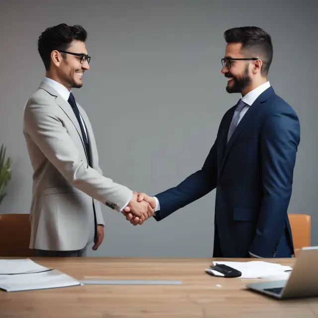 Businessperson in B2C clothing shakes hands with a businessperson in B2B attire over a table, representing the differences in their sales strategies.