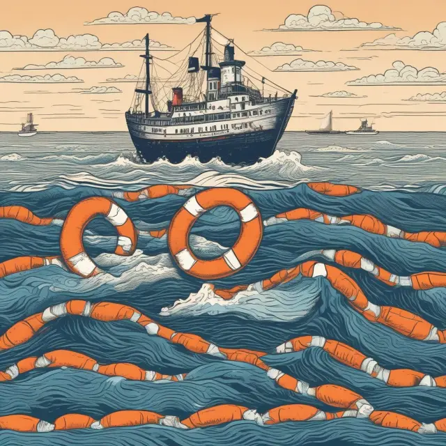 A tranquil sea symbolizes the economy after the financial crisis, with lifebuoys and golden tax credits representing the Build America Bond program buoying a struggling state finances