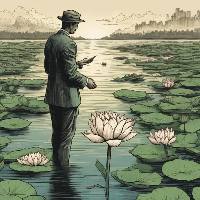 A bondholder examines a beautiful lotus flower growing in a pool filled with taxable bonds, representing the benefits and unique appeal of Build America Bonds for investors.