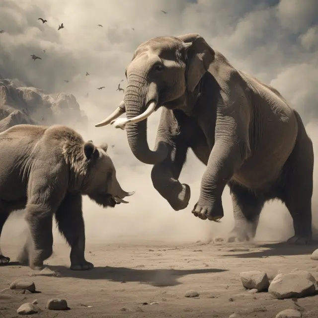 An elephant representing bull investors charging against a grizzly bear symbolizing bear investors in a stock market setting.