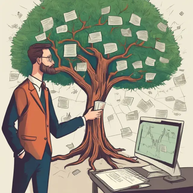 An image of a bullish investor in front of a growing tree representing a bull market, employing stop-loss orders, purchasing puts, and diversification as risk management tools.