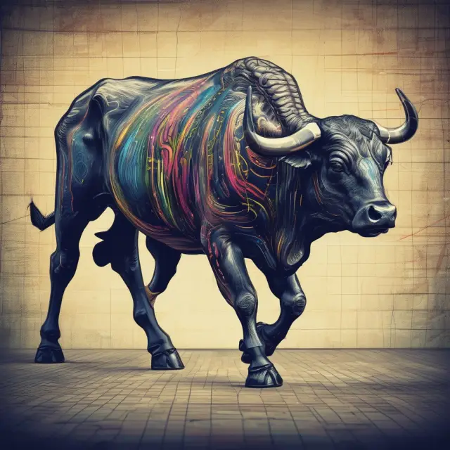 A bull with four concentric rings representing moving averages, MACD, RSI, and OBV indicators, emphasizing bullish signals in the stock market