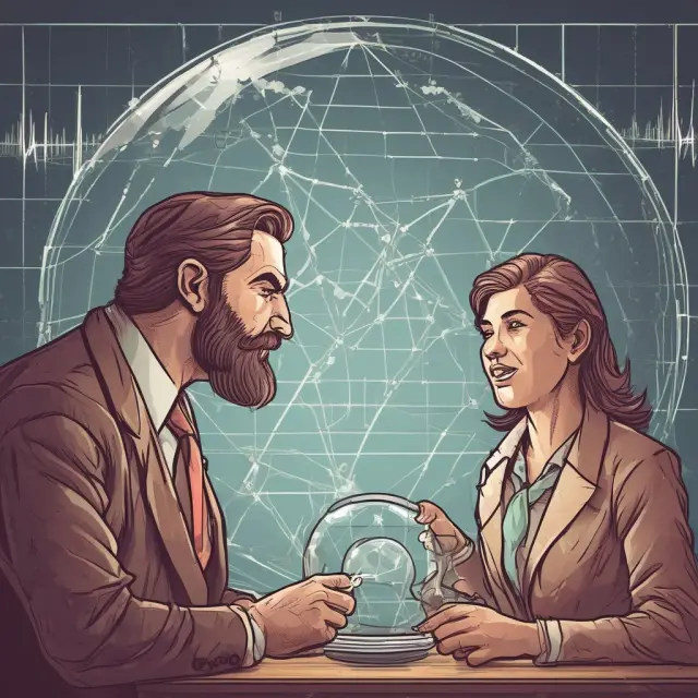 Investor examining bullish reversal patterns, including cup & handle, bull flag, bull pennant, and ascending triangle, in a crystal ball.